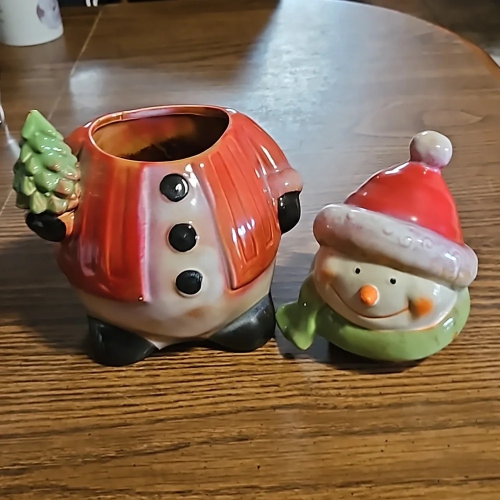 Vintage Large Snowman with Christmas Tree Ceramic Cookie Jar